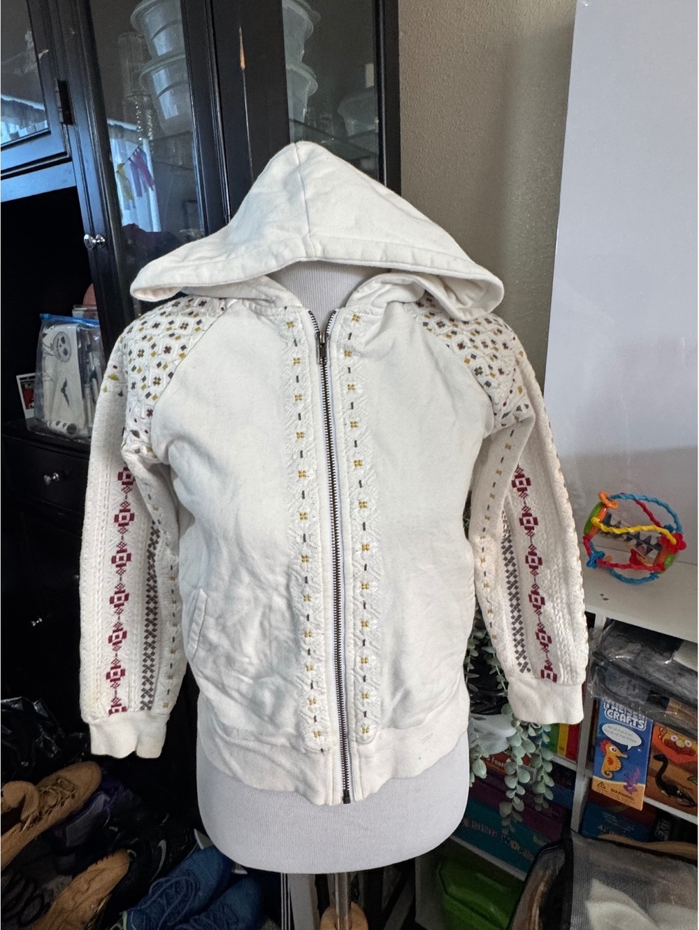 Miss Me Girls Cream Embroidered Crochet Sleeve Zip Hoodie Boho Size ?